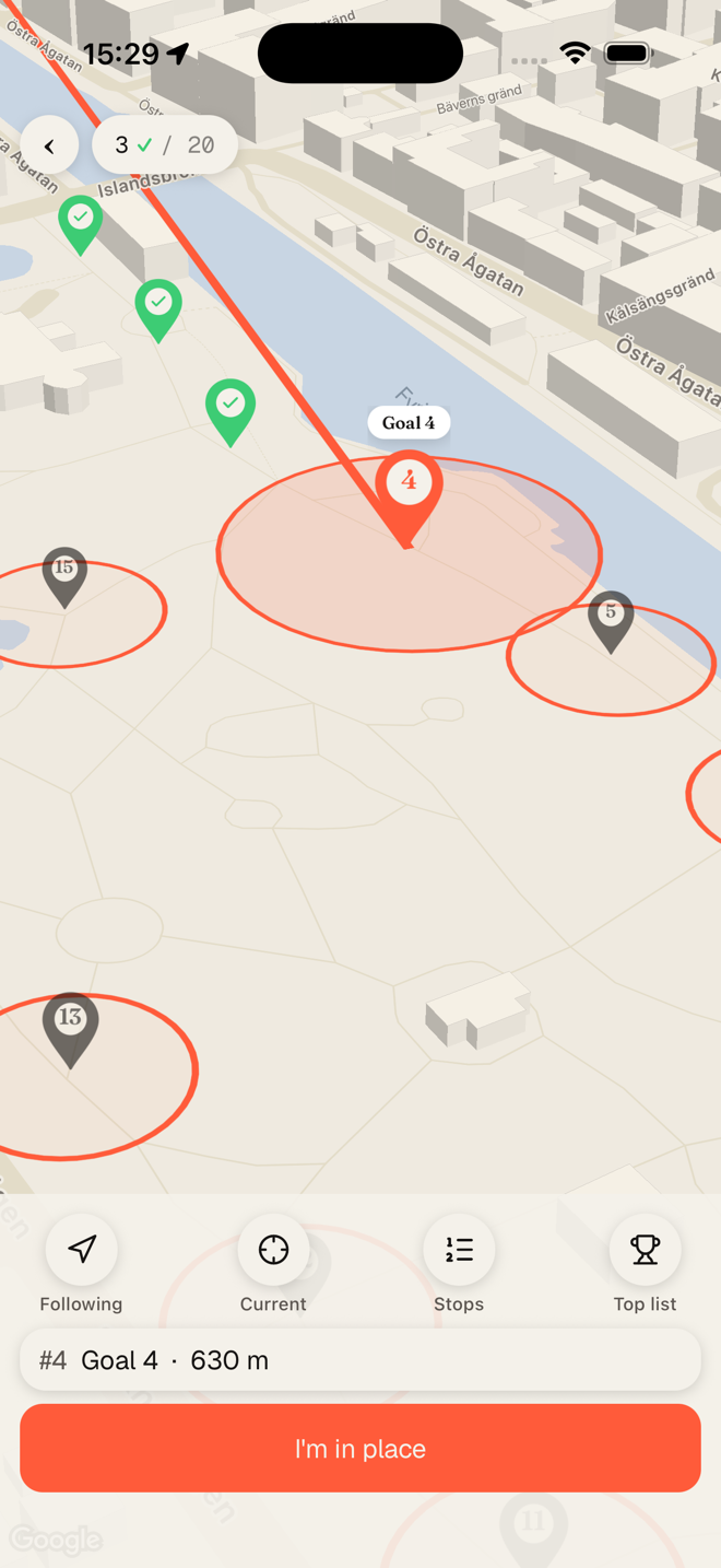 Tipzy app — map showing a goal area to walk to